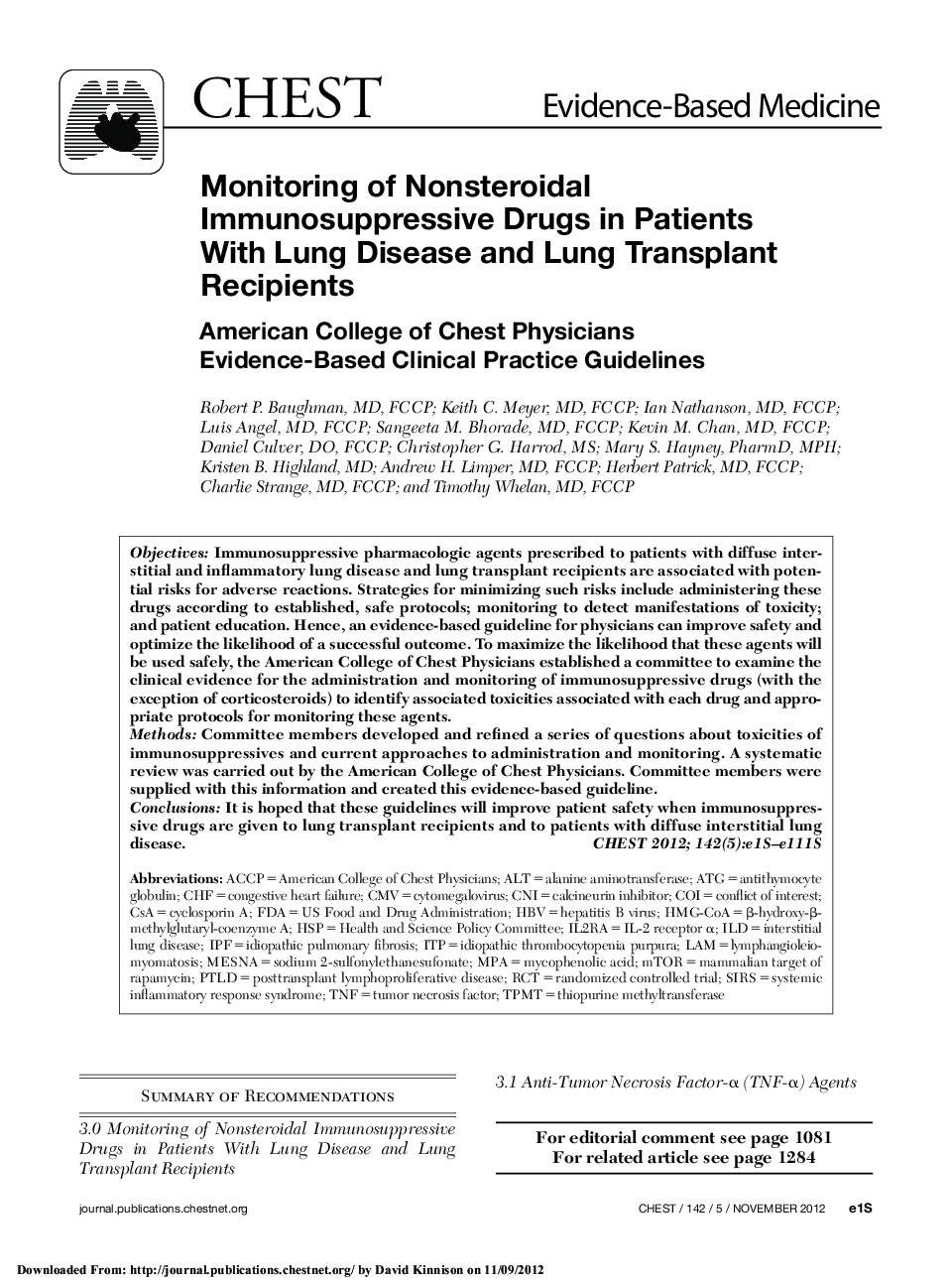 Monitoring of Nonsteroidal Immunosuppressive Drugs in Patients With Lung Disease and Lung Transplant Recipients : American College of Chest Physicians Evidence-Based Clinical Practice Guidelines