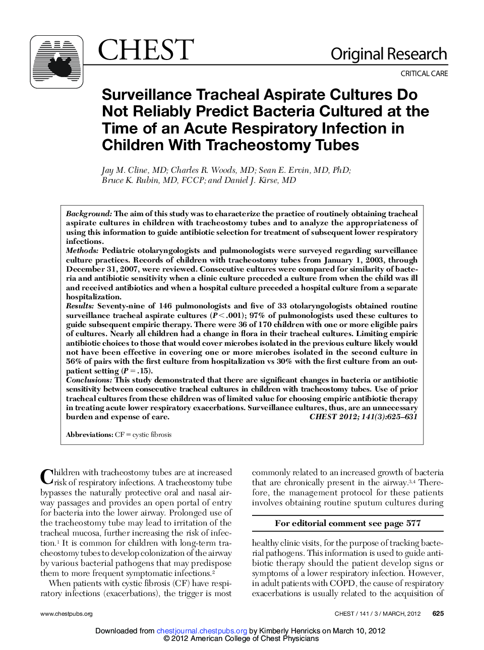 Surveillance Tracheal Aspirate Cultures Do Not Reliably Predict Bacteria Cultured at the Time of an Acute Respiratory Infection in Children With Tracheostomy Tubes 