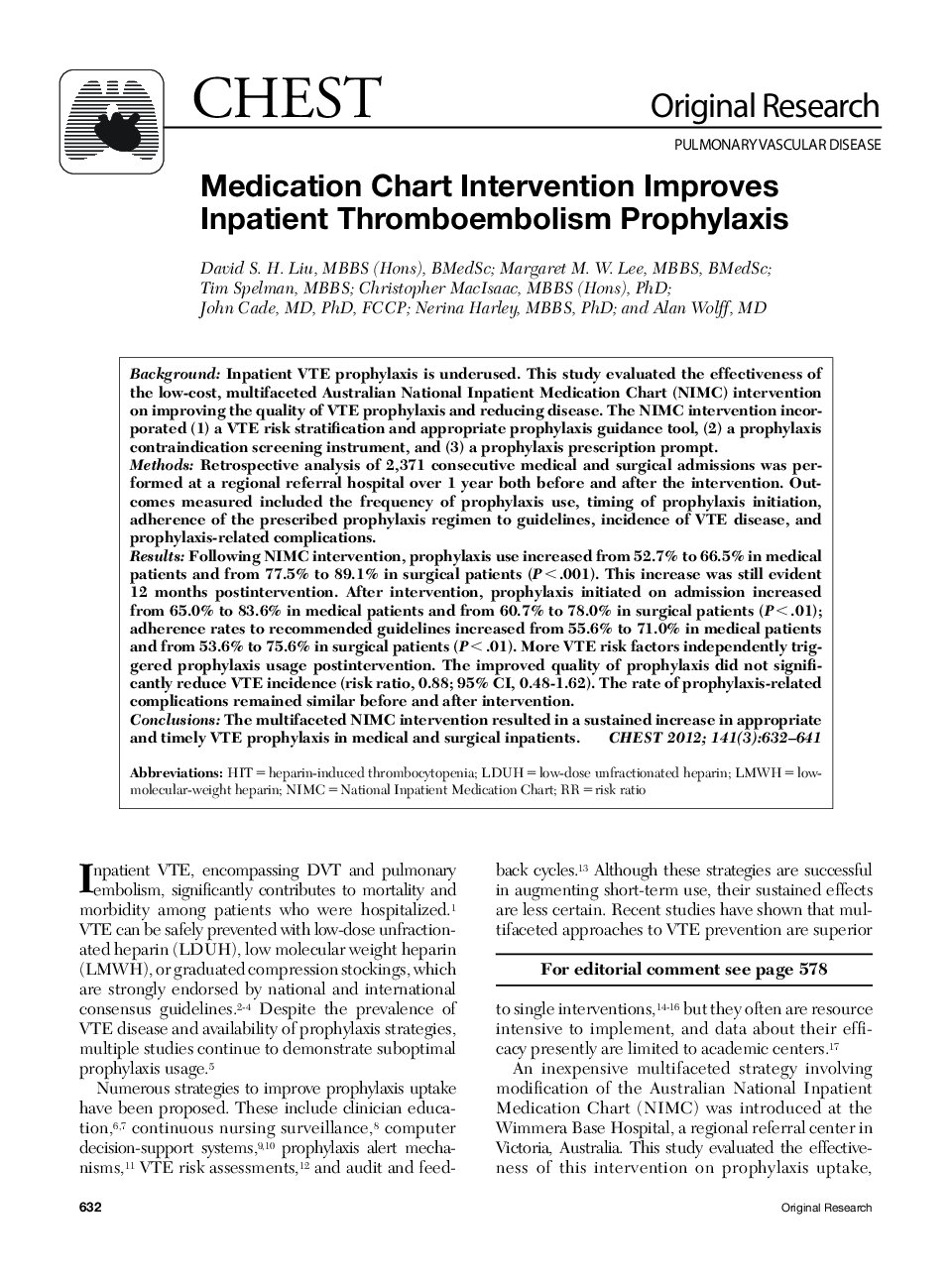 Medication Chart Intervention Improves Inpatient Thromboembolism Prophylaxis