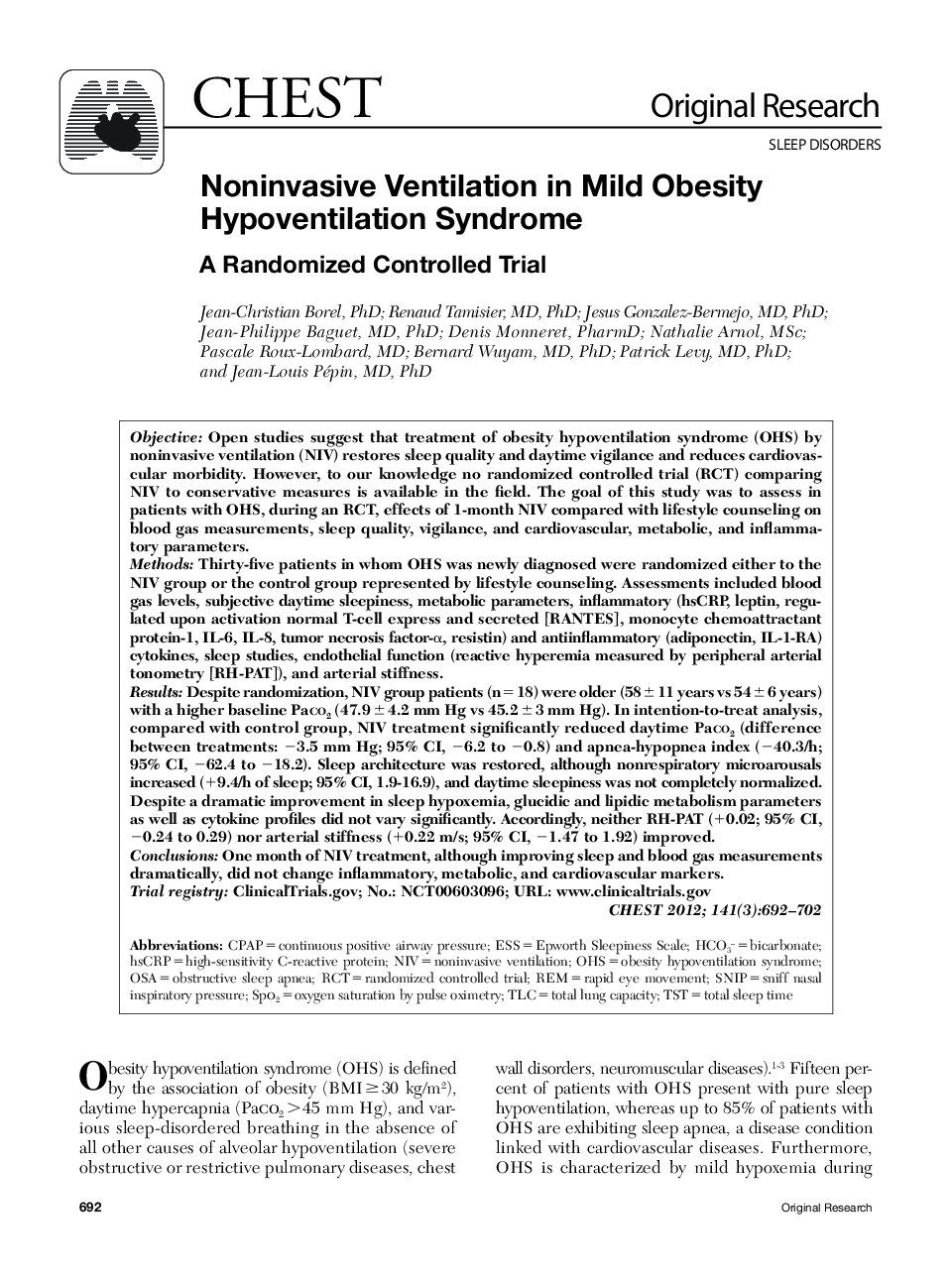 Noninvasive Ventilation in Mild Obesity Hypoventilation Syndrome : A Randomized Controlled Trial