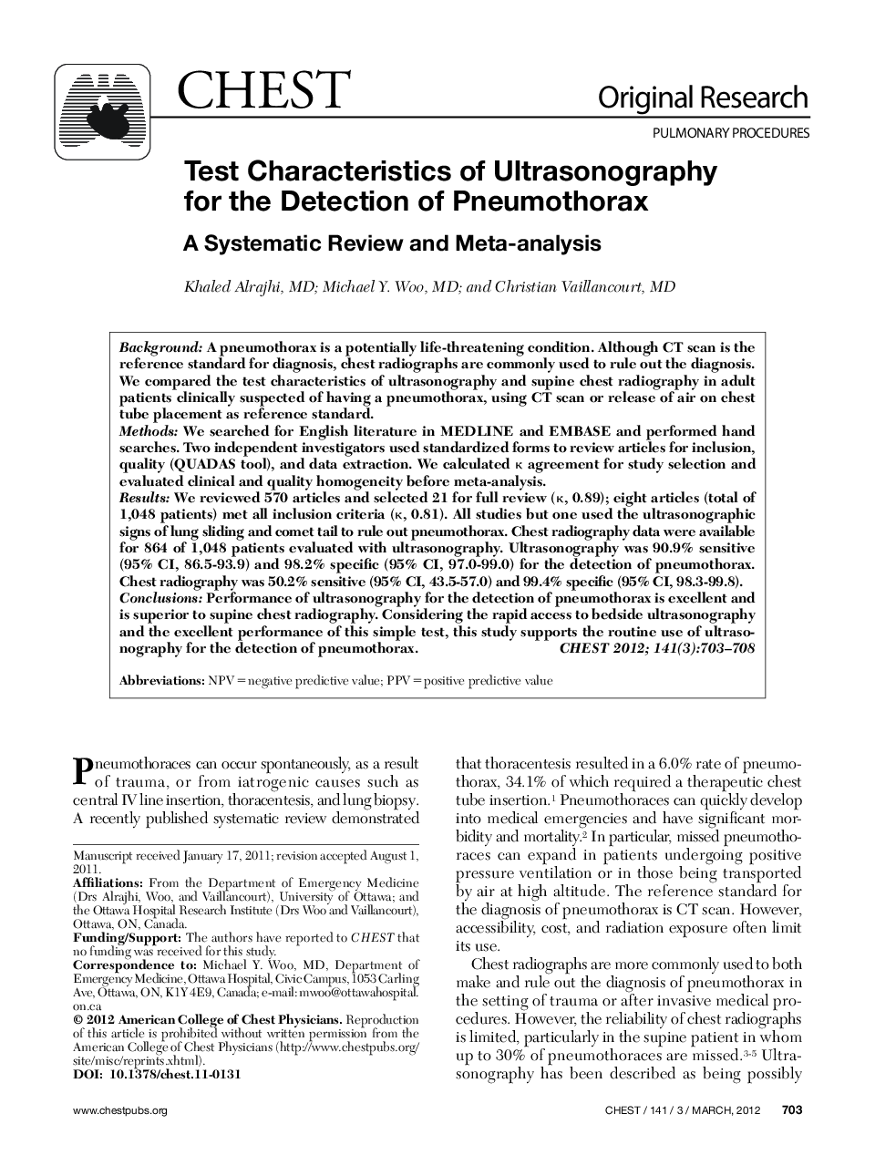 Test Characteristics of Ultrasonography for the Detection of Pneumothorax