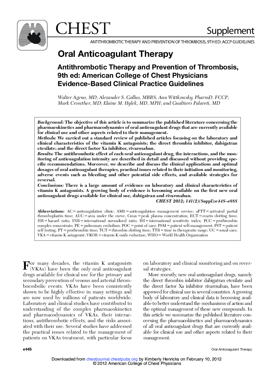 عکس صفحه اول مقاله: Oral Anticoagulant Therapy : Antithrombotic Therapy and Prevention of Thrombosis, 9th ed: American College of Chest Physicians Evidence-Based Clinical Practice Guidelines Oral Anticoagulant Therapy : Antithrombotic Therapy and Prevention of Thrombosis, 9th ed: American College of Chest Physicians Evidence-Based Clinical Practice Guidelines