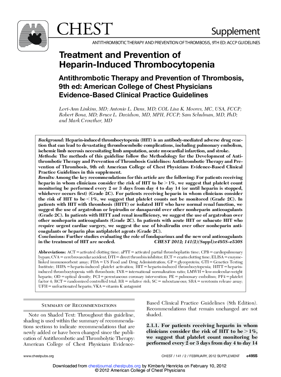 Treatment and Prevention of Heparin-Induced Thrombocytopenia : Antithrombotic Therapy and Prevention of Thrombosis, 9th ed: American College of Chest Physicians Evidence-Based Clinical Practice Guidelines