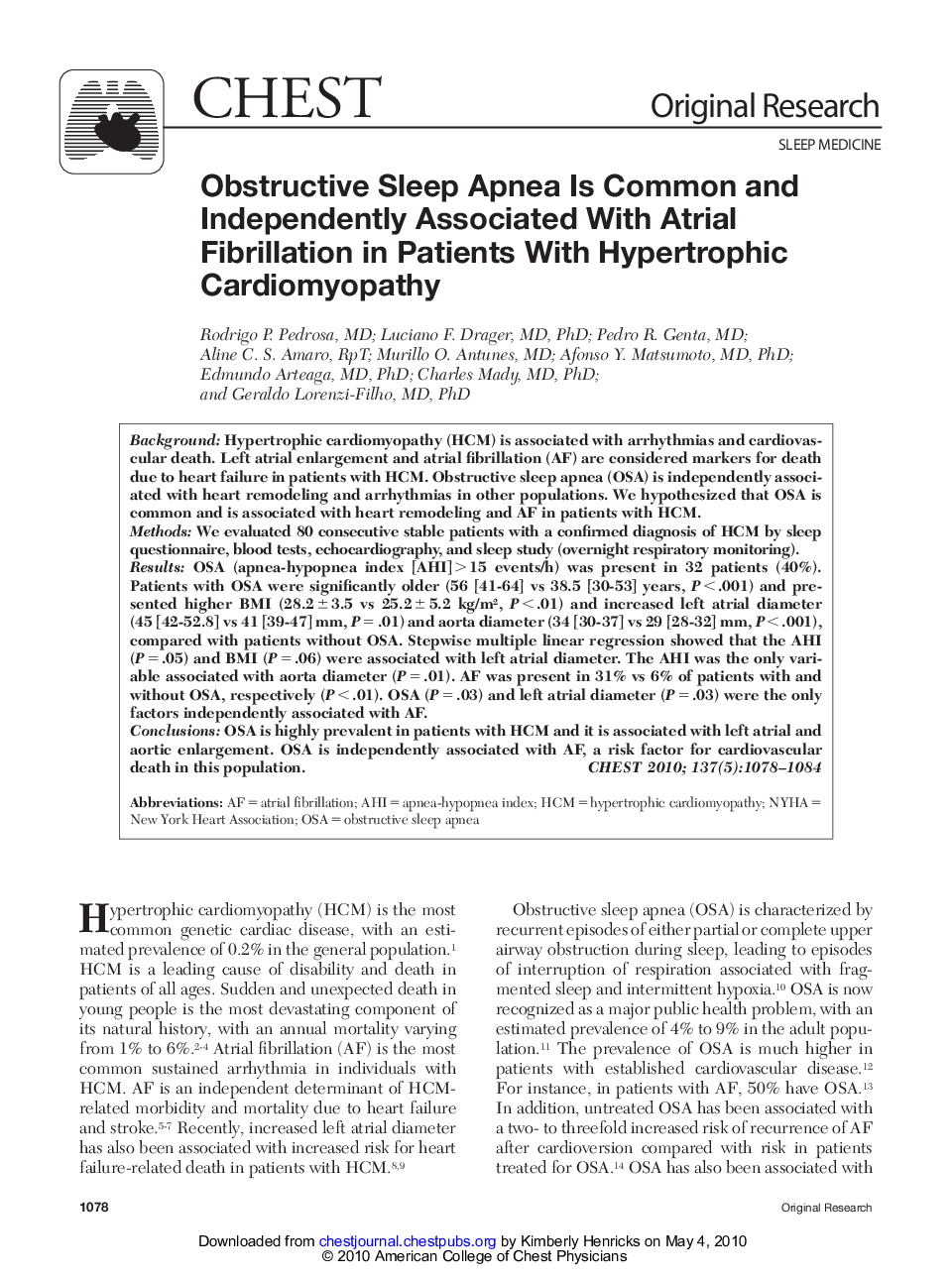 Obstructive Sleep Apnea Is Common and Independently Associated With Atrial Fibrillation in Patients With Hypertrophic Cardiomyopathy