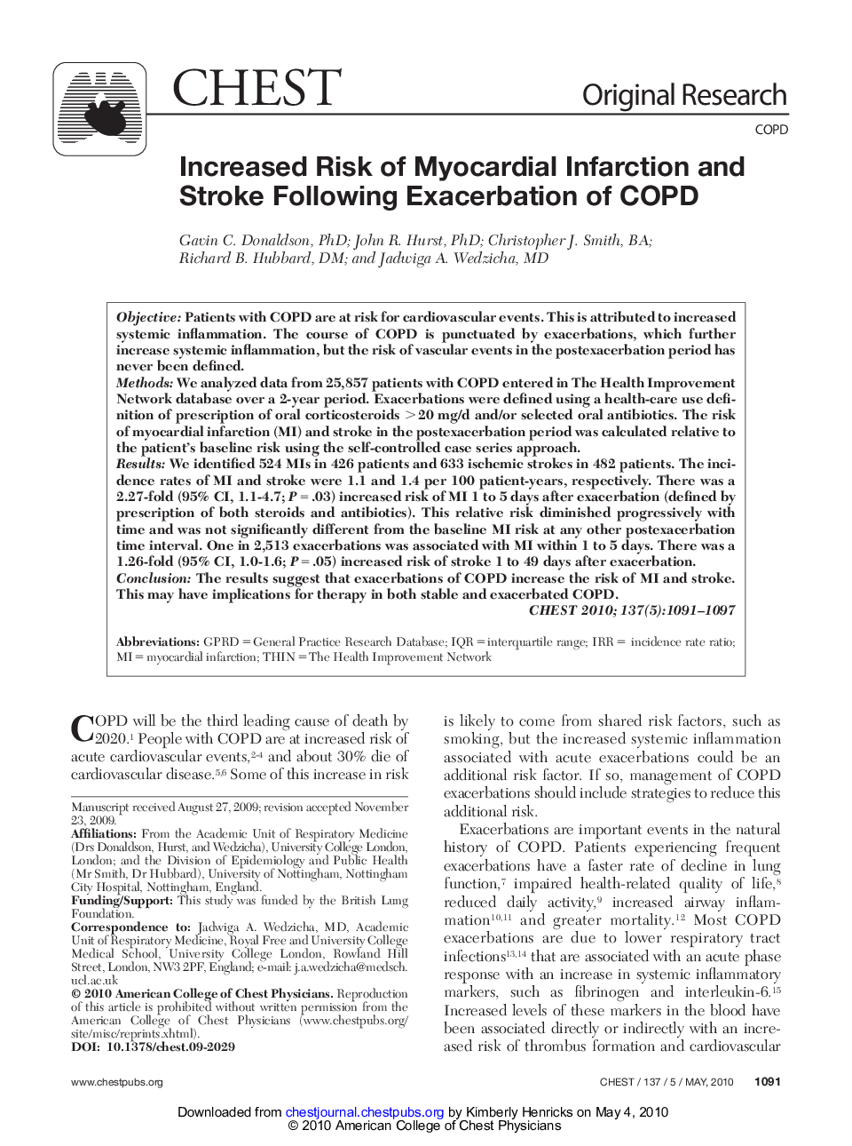 Increased Risk of Myocardial Infarction and Stroke Following Exacerbation of COPD