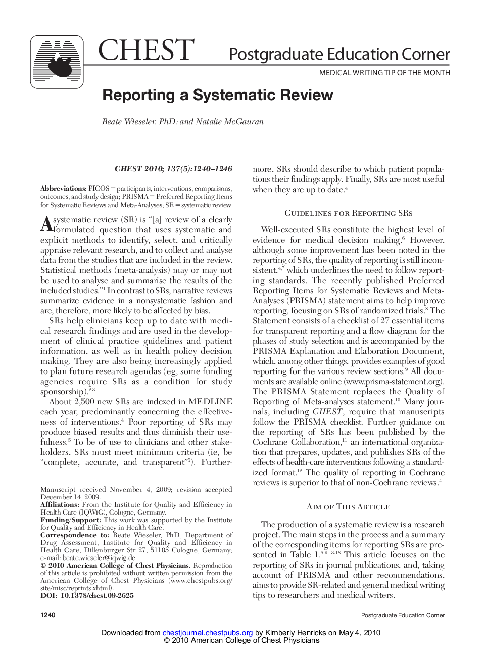 Reporting a Systematic Review