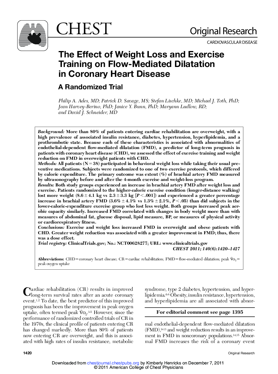 The Effect of Weight Loss and Exercise Training on Flow-Mediated Dilatation in Coronary Heart Disease : A Randomized Trial