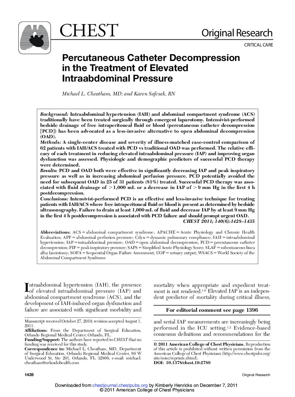 Percutaneous Catheter Decompression in the Treatment of Elevated Intraabdominal Pressure 