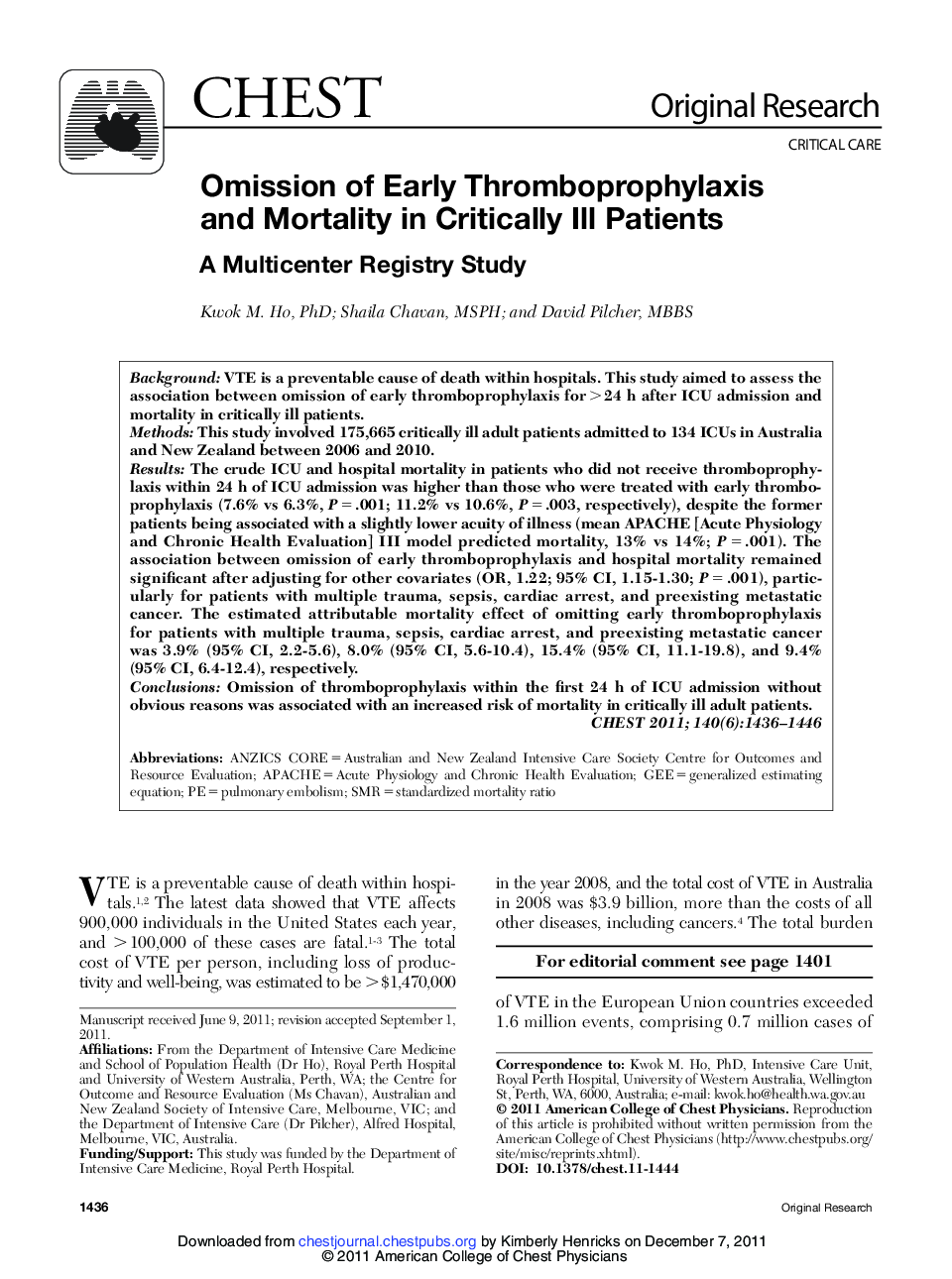 Omission of Early Thromboprophylaxis and Mortality in Critically Ill Patients