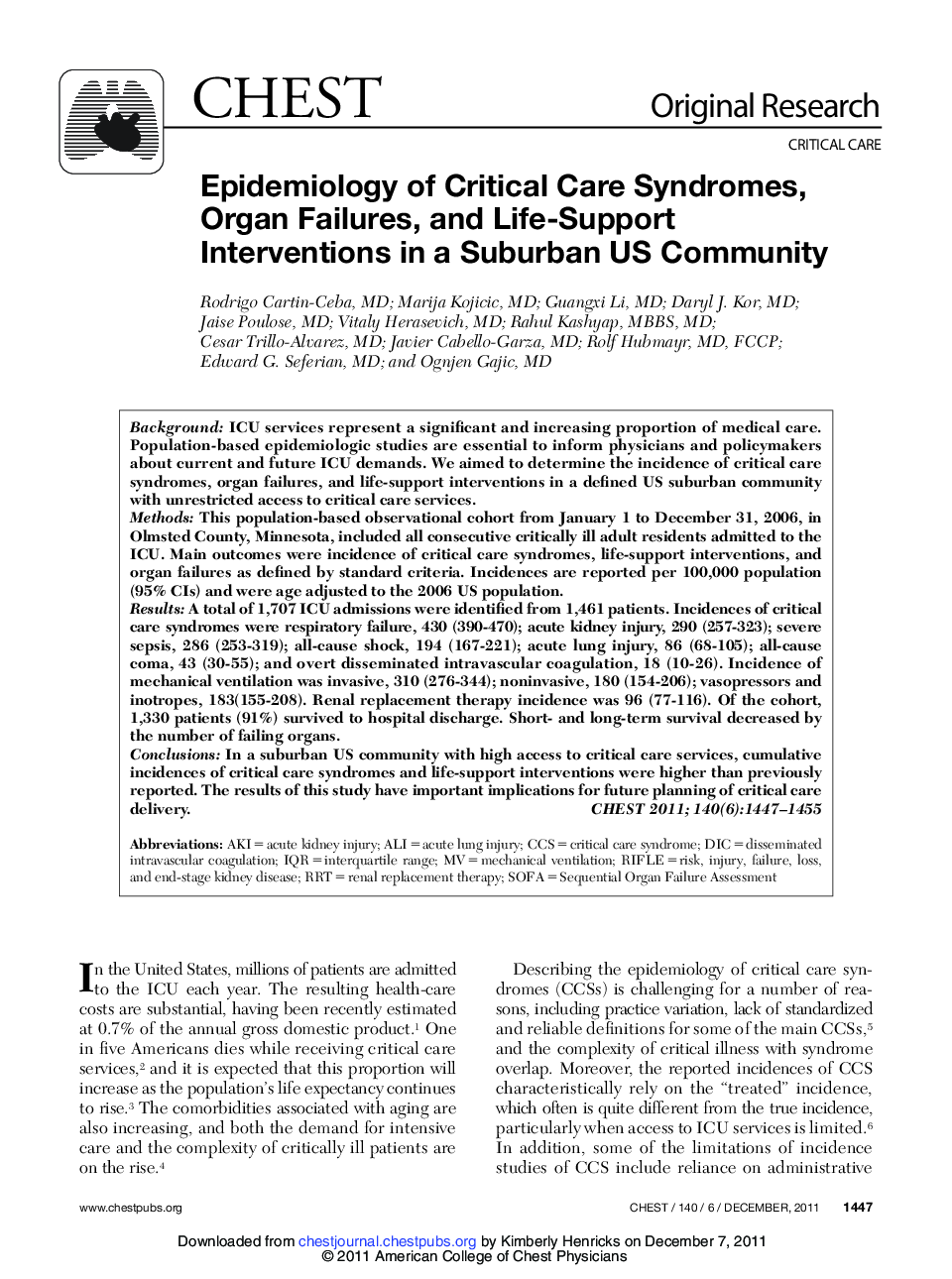 Epidemiology of Critical Care Syndromes, Organ Failures, and Life-Support Interventions in a Suburban US Community 
