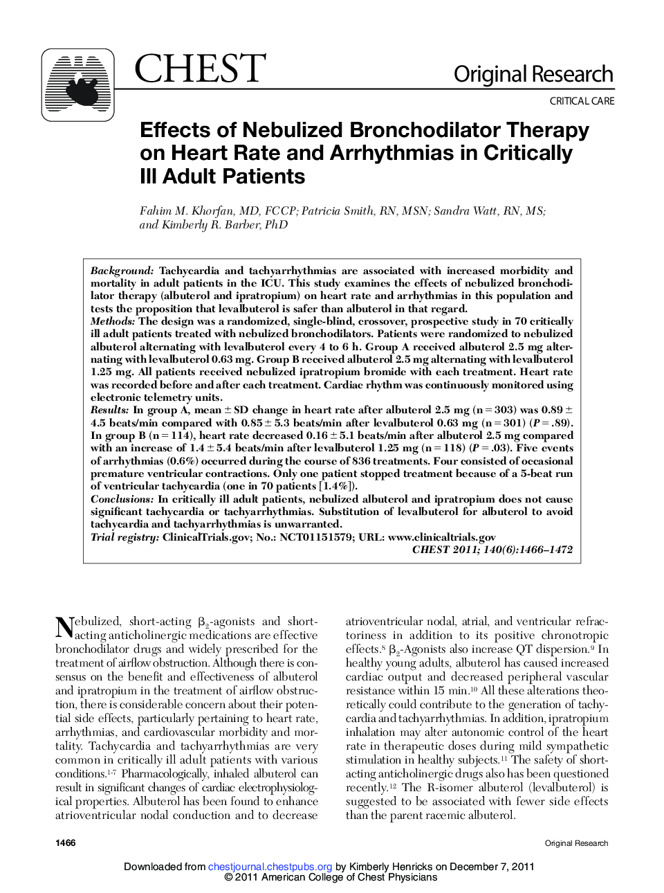 Effects of Nebulized Bronchodilator Therapy on Heart Rate and Arrhythmias in Critically Ill Adult Patients