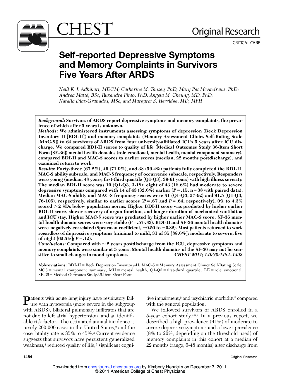 Self-reported Depressive Symptoms and Memory Complaints in Survivors Five Years After ARDS 