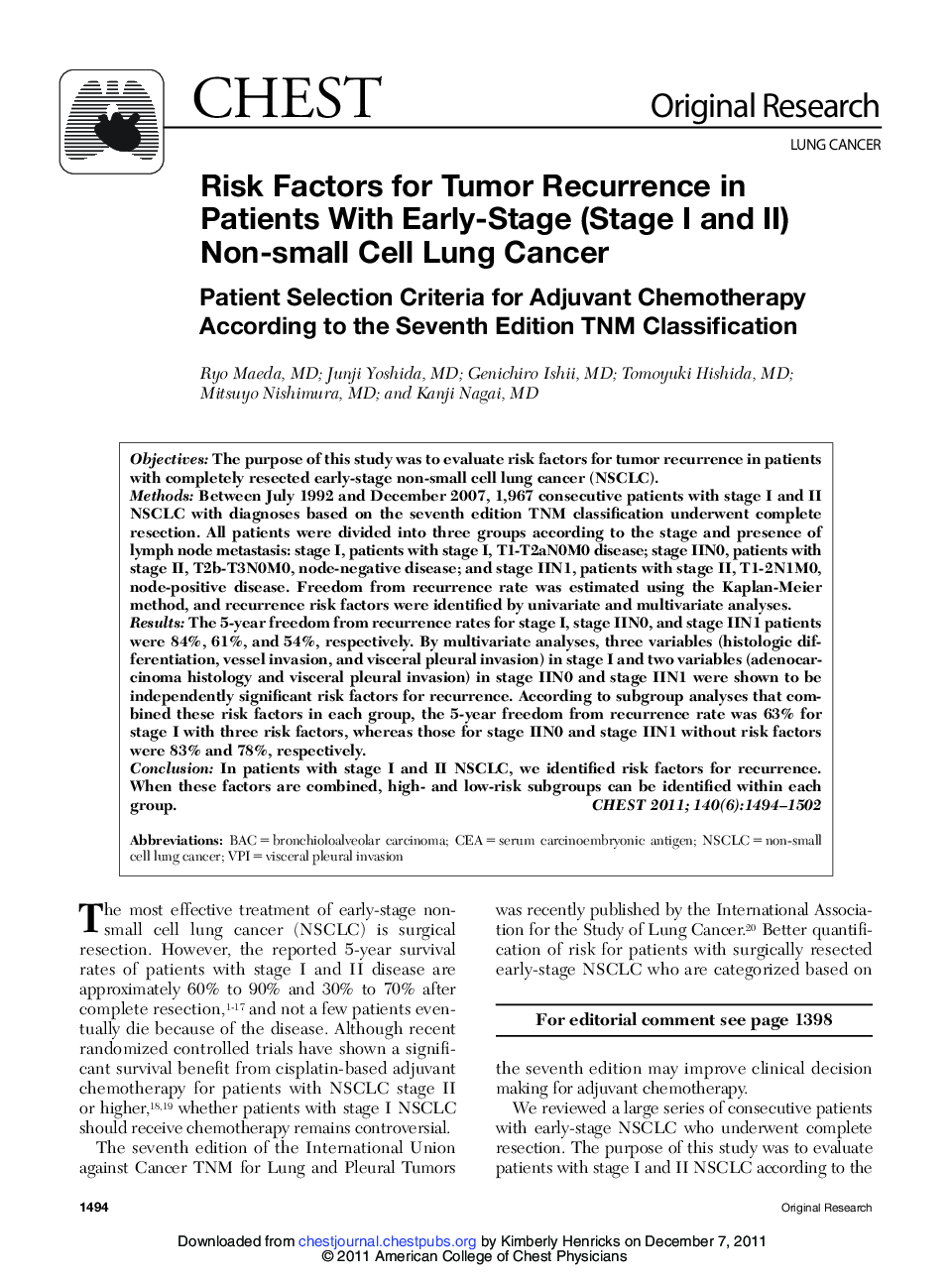 Risk Factors for Tumor Recurrence in Patients With Early-Stage (Stage I and II) Non-small Cell Lung Cancer