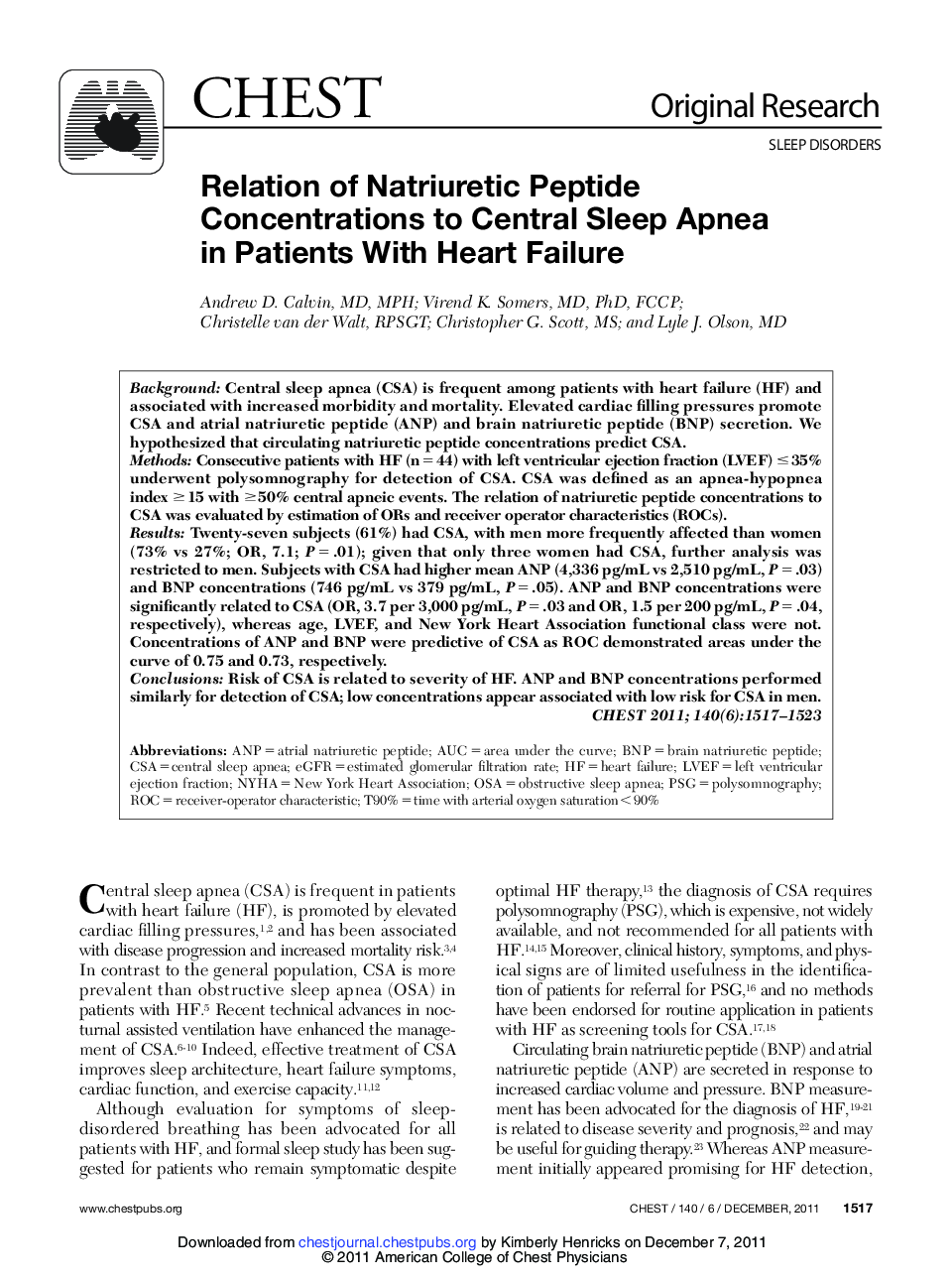 Relation of Natriuretic Peptide Concentrations to Central Sleep Apnea in Patients With Heart Failure 