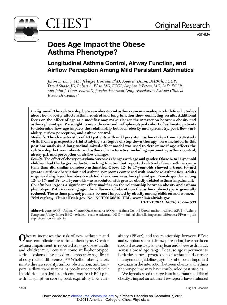 Does Age Impact the Obese Asthma Phenotype? : Longitudinal Asthma Control, Airway Function, and Airflow Perception Among Mild Persistent Asthmatics