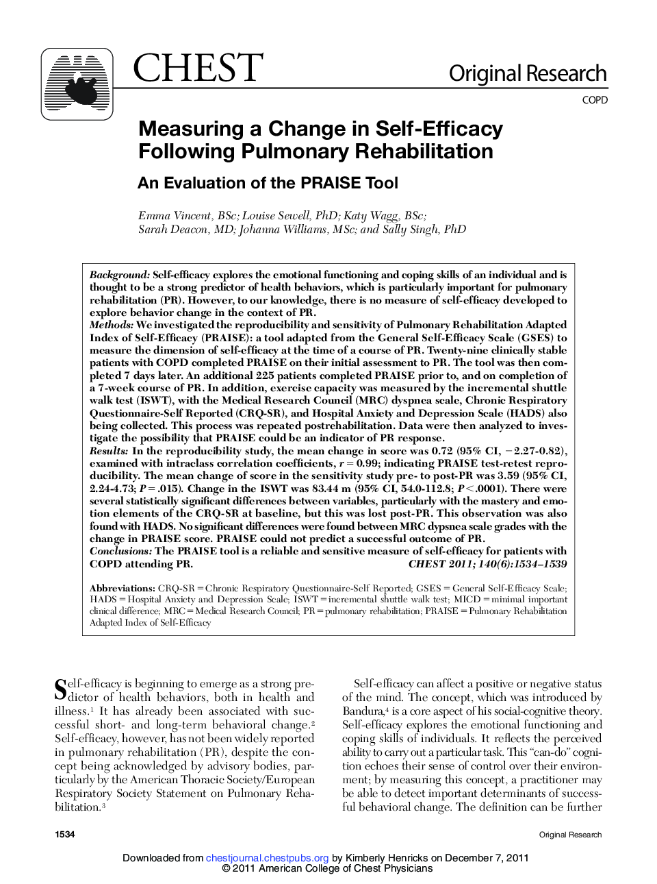 Measuring a Change in Self-Efficacy Following Pulmonary Rehabilitation