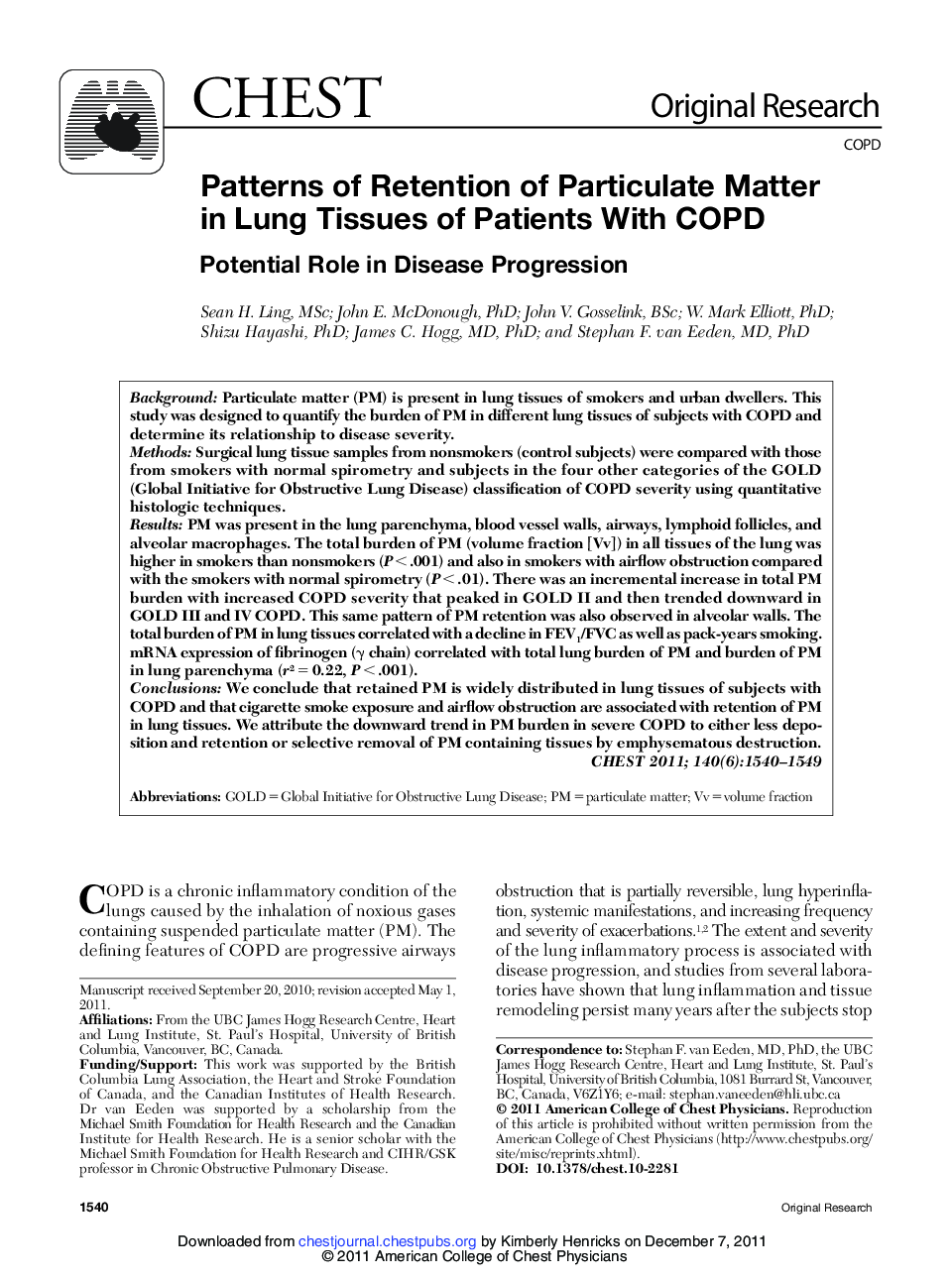 Patterns of Retention of Particulate Matter in Lung Tissues of Patients With COPD : Potential Role in Disease Progression