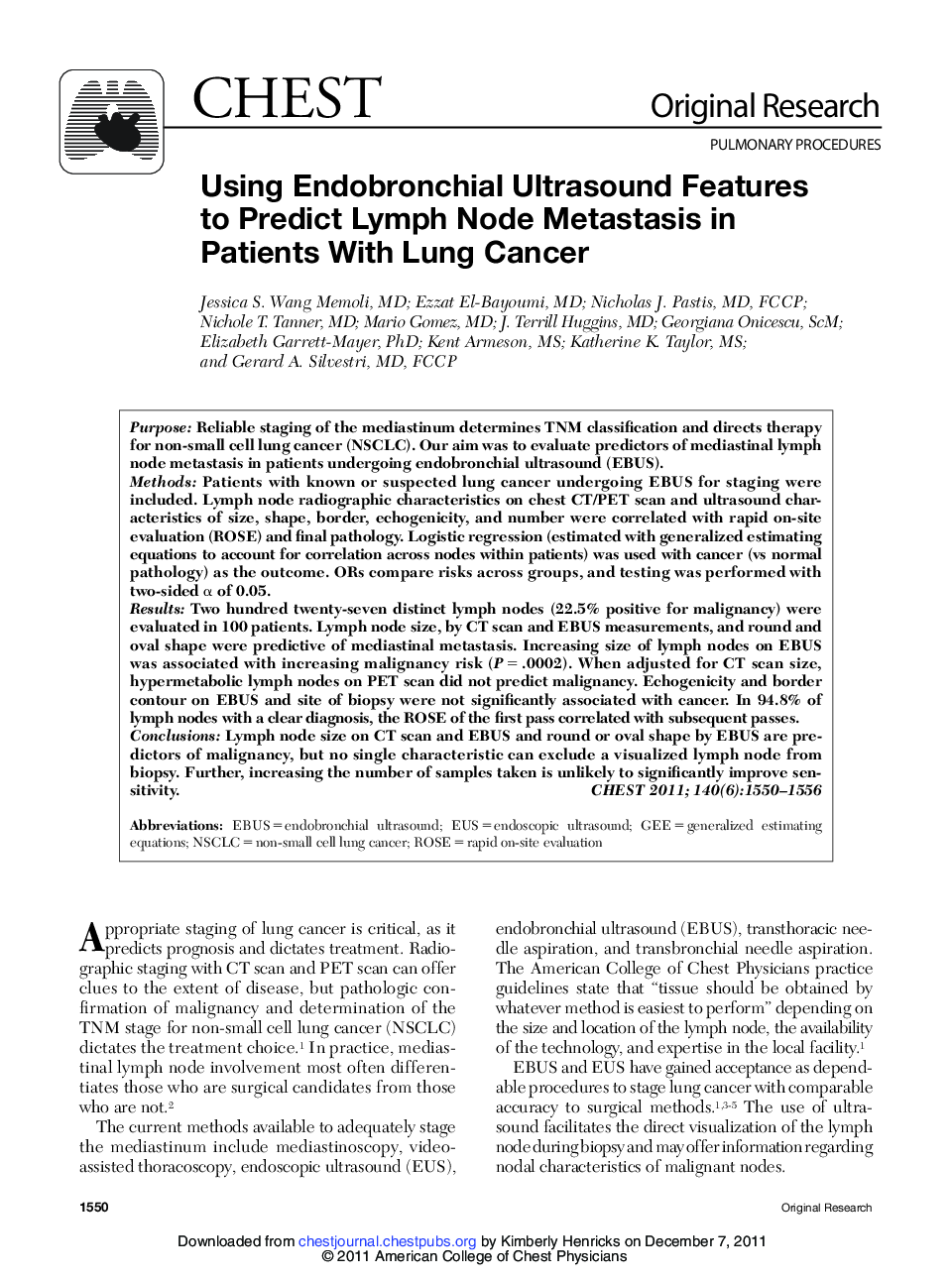 Using Endobronchial Ultrasound Features to Predict Lymph Node Metastasis in Patients With Lung Cancer 