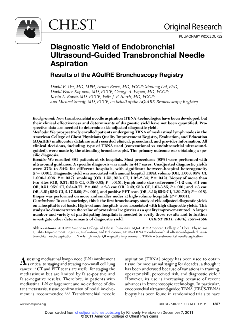Diagnostic Yield of Endobronchial Ultrasound-Guided Transbronchial Needle Aspiration
