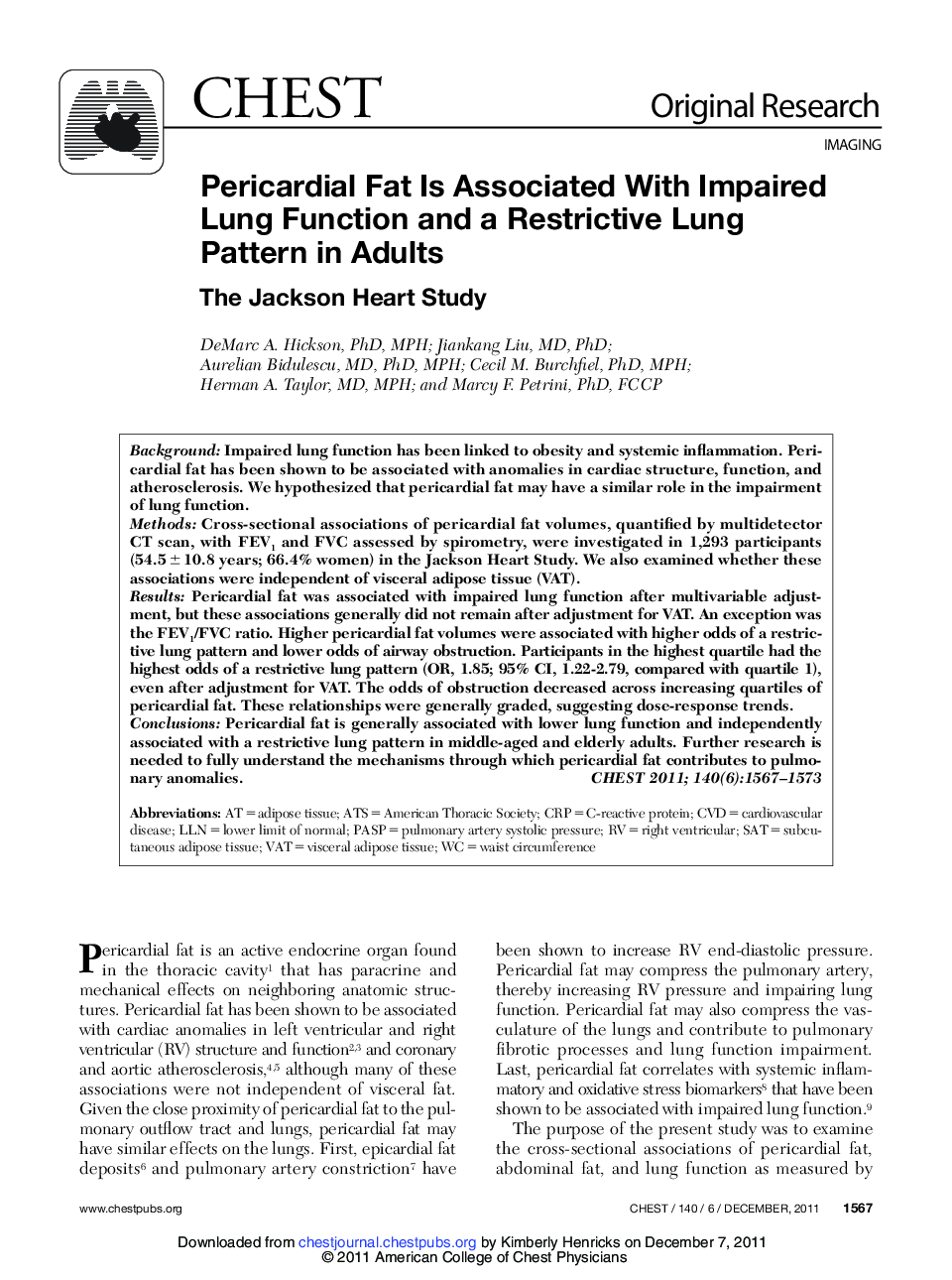 Pericardial Fat Is Associated With Impaired Lung Function and a Restrictive Lung Pattern in Adults : The Jackson Heart Study