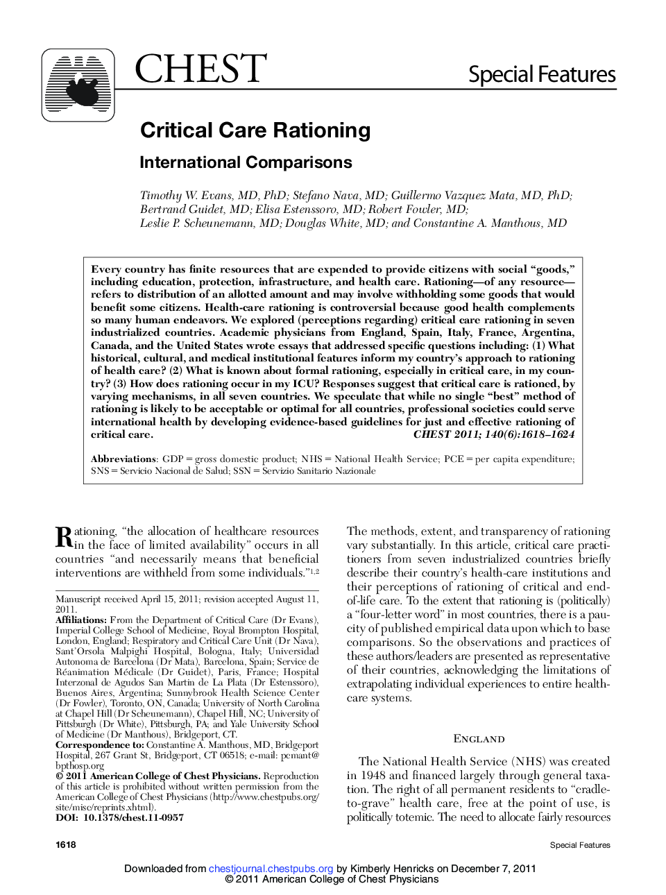 Critical Care Rationing : International Comparisons