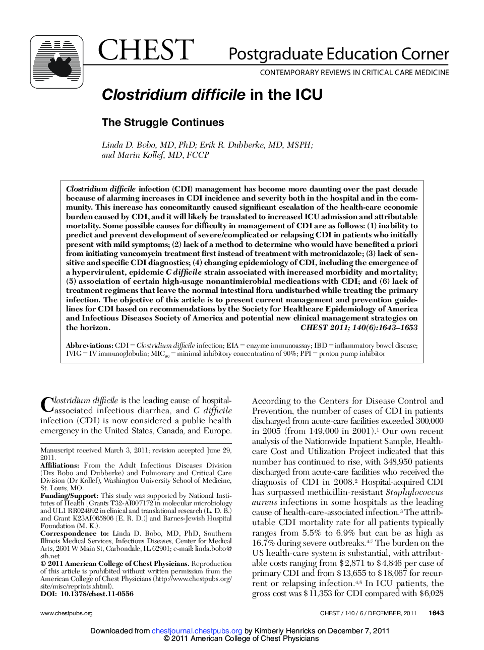 Clostridium difficile in the ICU : The Struggle Continues