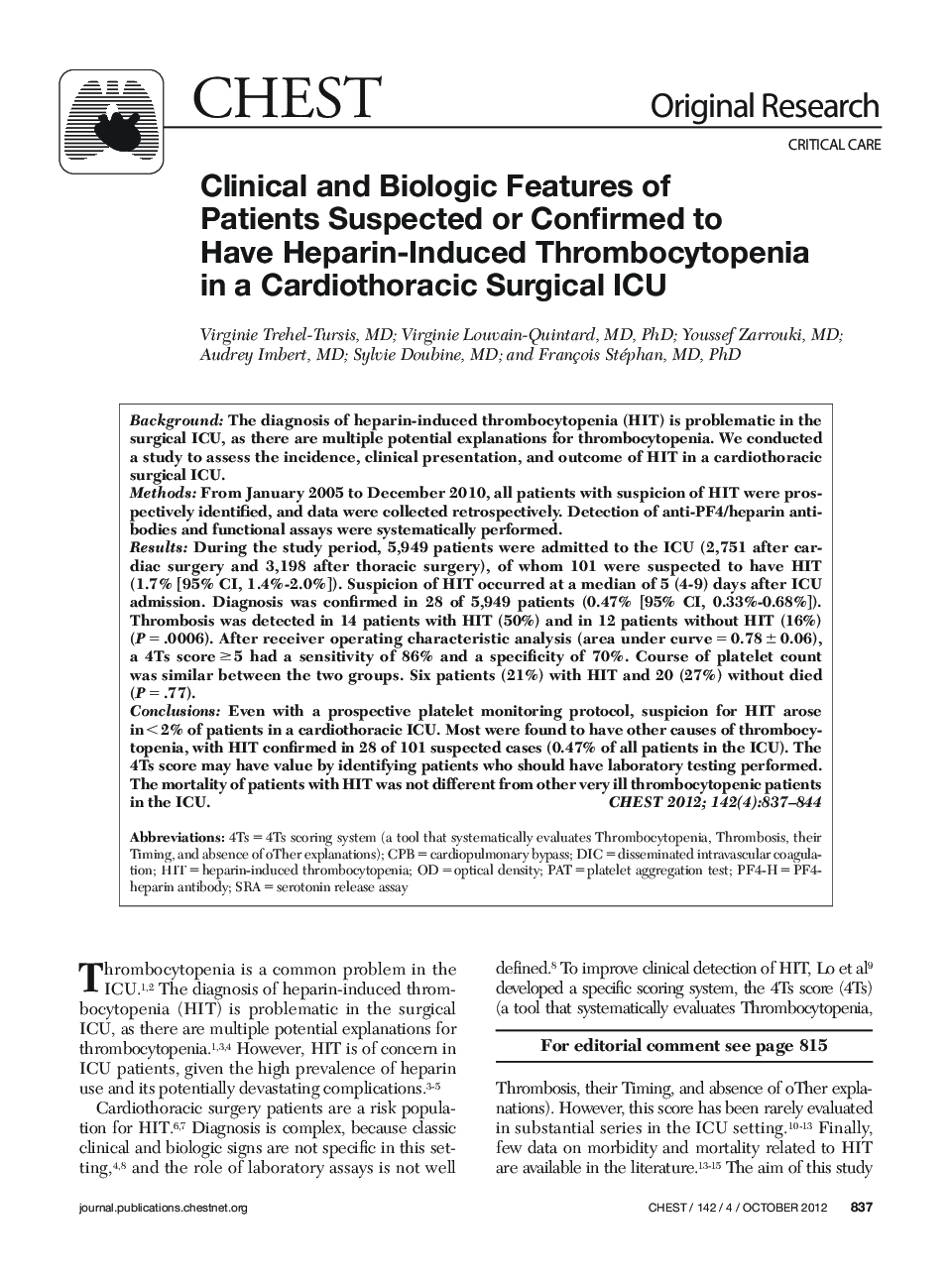 Clinical and Biologic Features of Patients Suspected or Confirmed to Have Heparin-Induced Thrombocytopenia in a Cardiothoracic Surgical ICU 