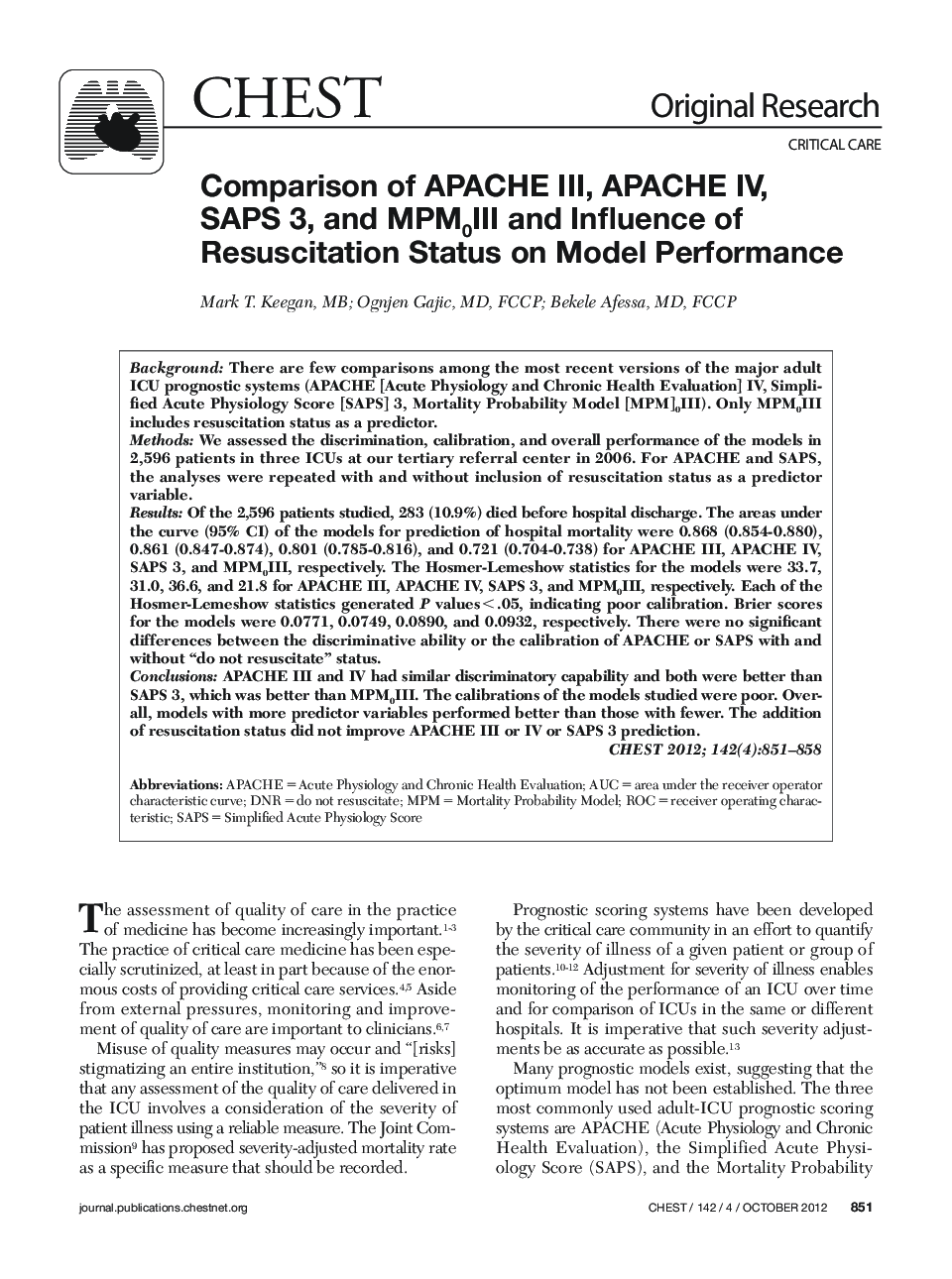 عکس صفحه اول مقاله: Comparison of APACHE III, APACHE IV, SAPS 3, and MPM0III and Influence of Resuscitation Status on Model Performance Comparison of APACHE III, APACHE IV, SAPS 3, and MPM0III and Influence of Resuscitation Status on Model Performance