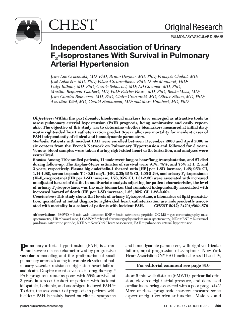 Independent Association of Urinary F2-Isoprostanes With Survival in Pulmonary Arterial Hypertension 