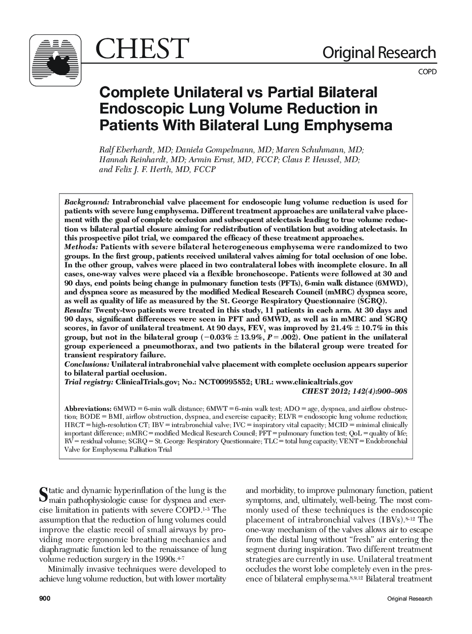 Complete Unilateral vs Partial Bilateral Endoscopic Lung Volume Reduction in Patients With Bilateral Lung Emphysema 