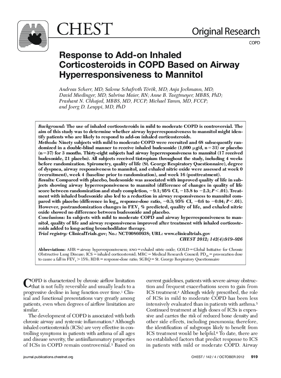 Response to Add-on Inhaled Corticosteroids in COPD Based on Airway Hyperresponsiveness to Mannitol 