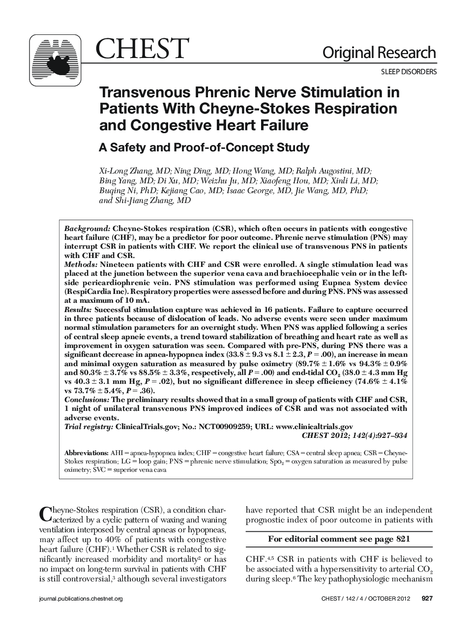 Transvenous Phrenic Nerve Stimulation in Patients With Cheyne-Stokes Respiration and Congestive Heart Failure : A Safety and Proof-of-Concept Study