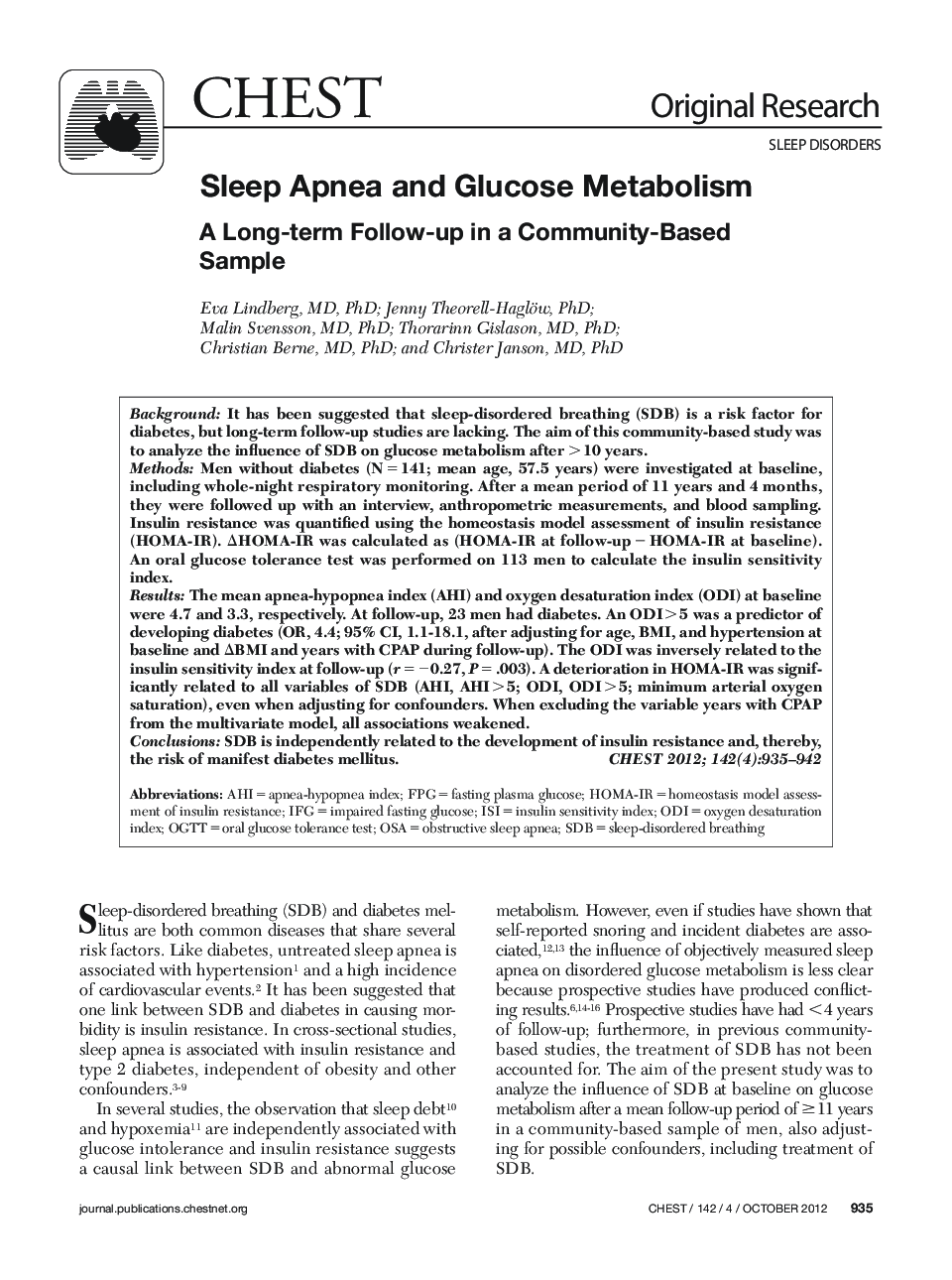 Sleep Apnea and Glucose Metabolism : A Long-term Follow-up in a Community-Based Sample