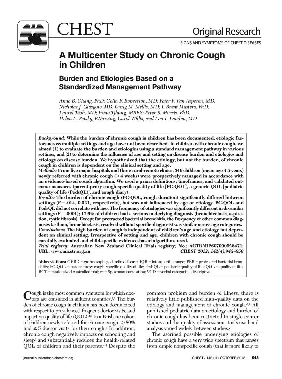 A Multicenter Study on Chronic Cough in Children : Burden and Etiologies Based on a Standardized Management Pathway