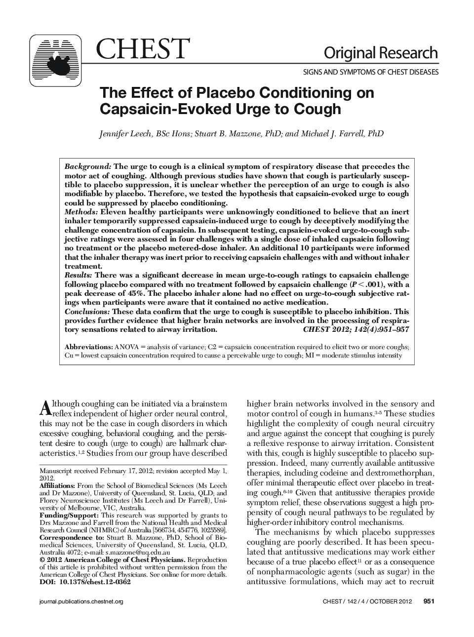The Effect of Placebo Conditioning on Capsaicin-Evoked Urge to Cough 