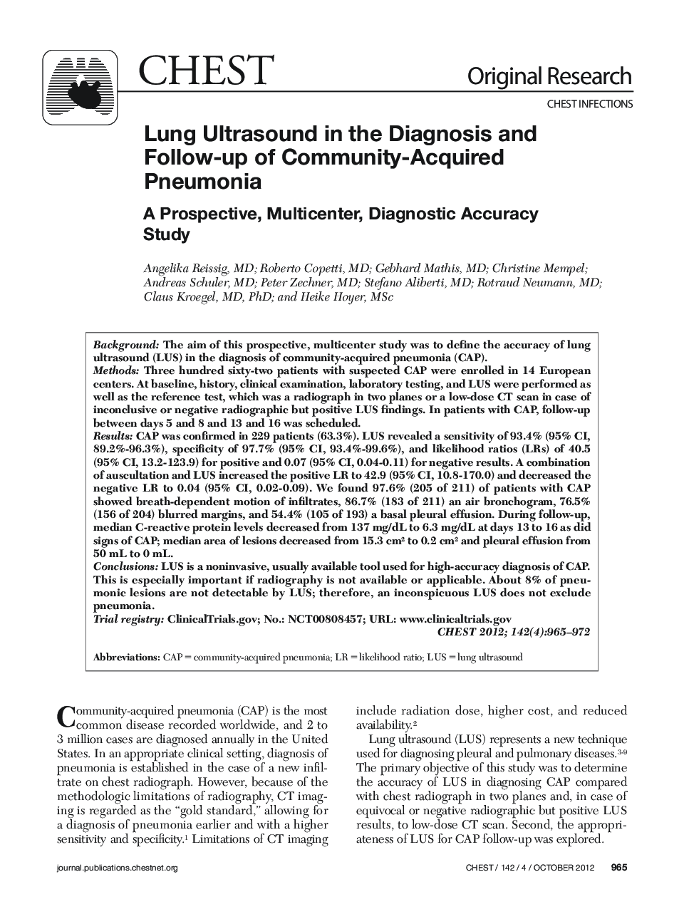 Lung Ultrasound in the Diagnosis and Follow-up of Community-Acquired Pneumonia : A Prospective, Multicenter, Diagnostic Accuracy Study