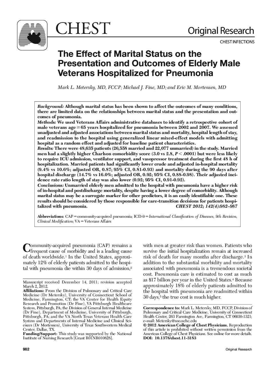 The Effect of Marital Status on the Presentation and Outcomes of Elderly Male Veterans Hospitalized for Pneumonia 