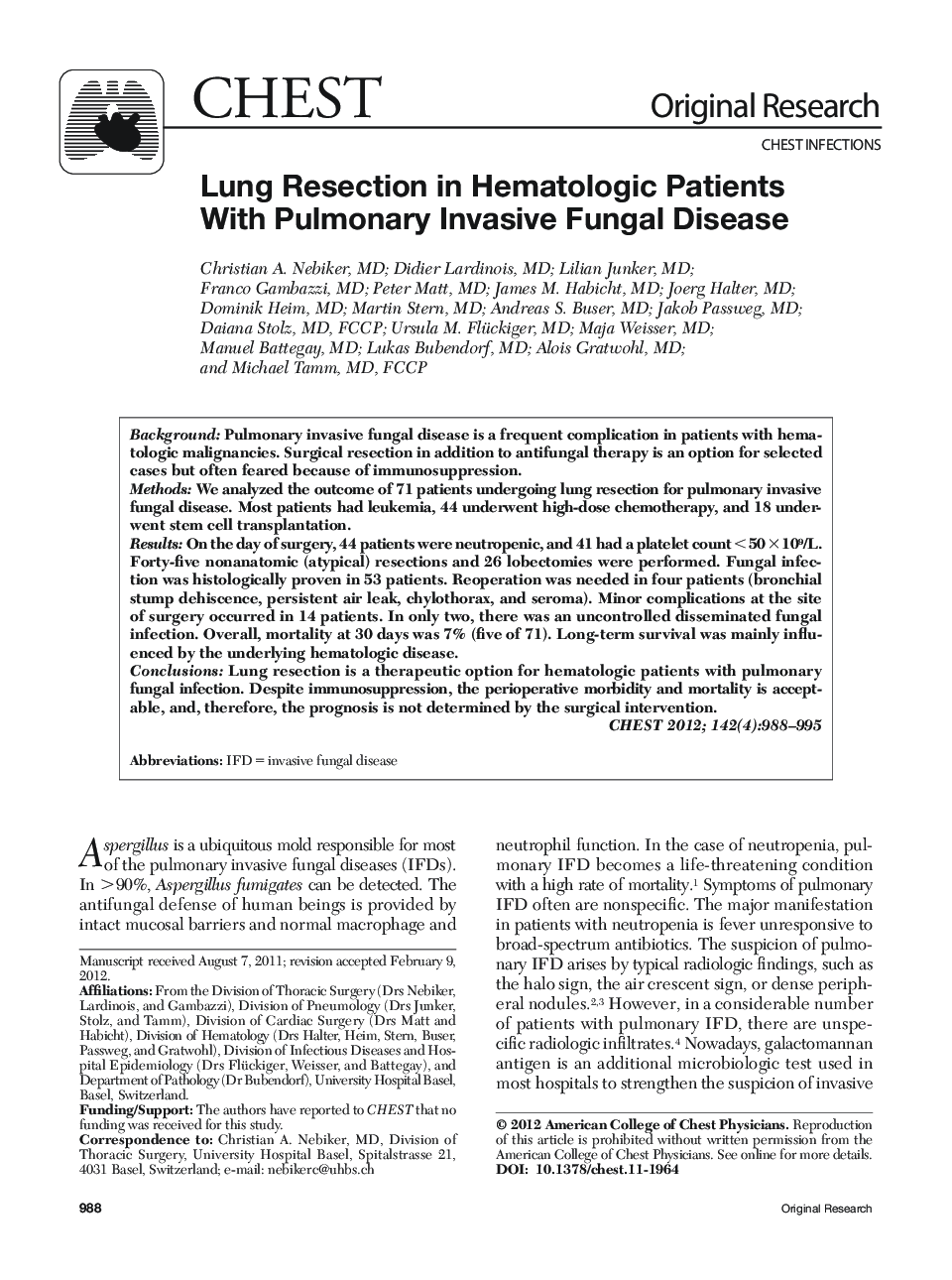 Lung Resection in Hematologic Patients With Pulmonary Invasive Fungal Disease 