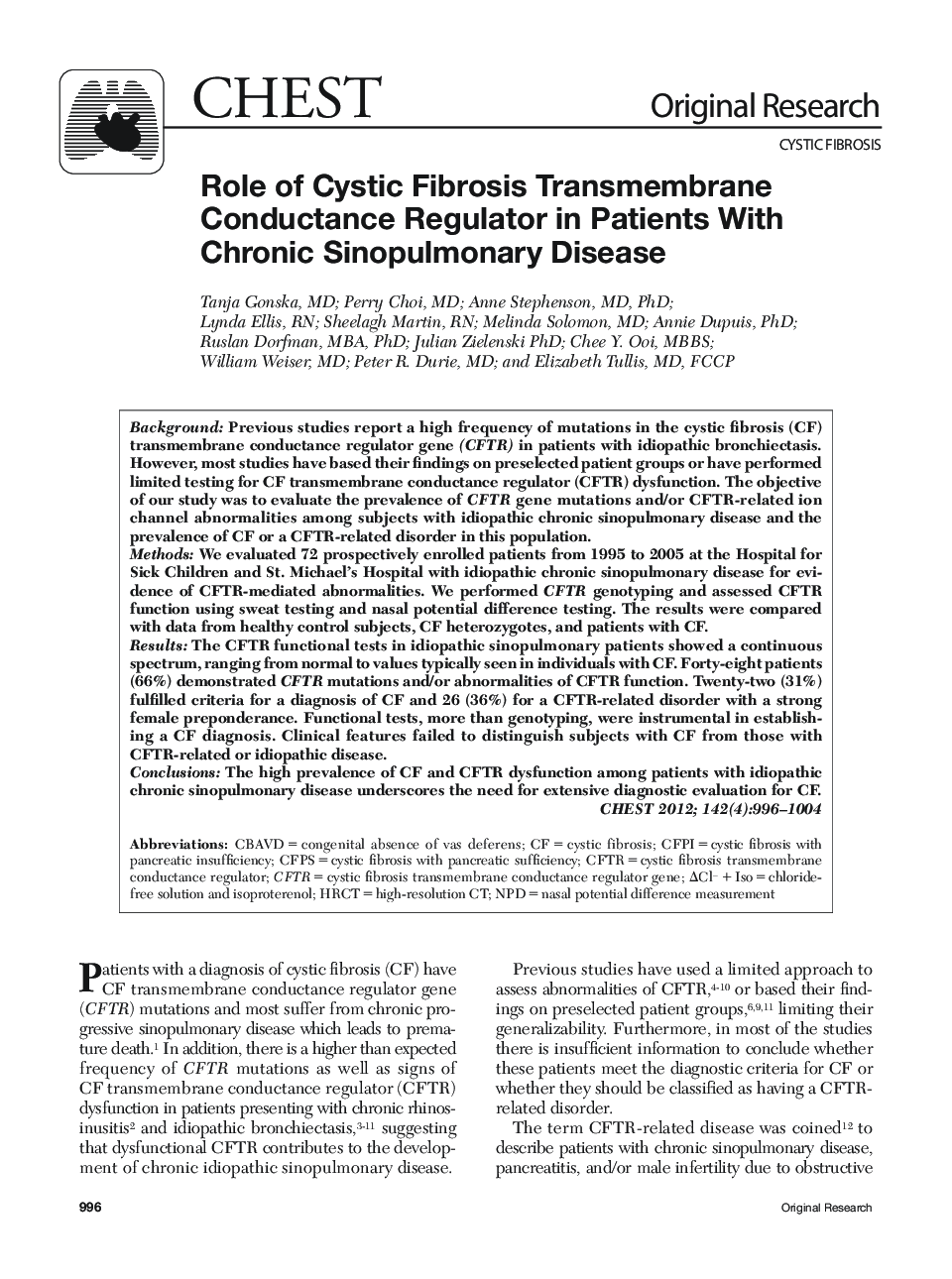 Role of Cystic Fibrosis Transmembrane Conductance Regulator in Patients With Chronic Sinopulmonary Disease