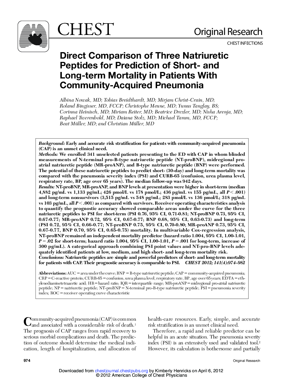 Direct Comparison of Three Natriuretic Peptides for Prediction of Short- and Long-term Mortality in Patients With Community-Acquired Pneumonia 