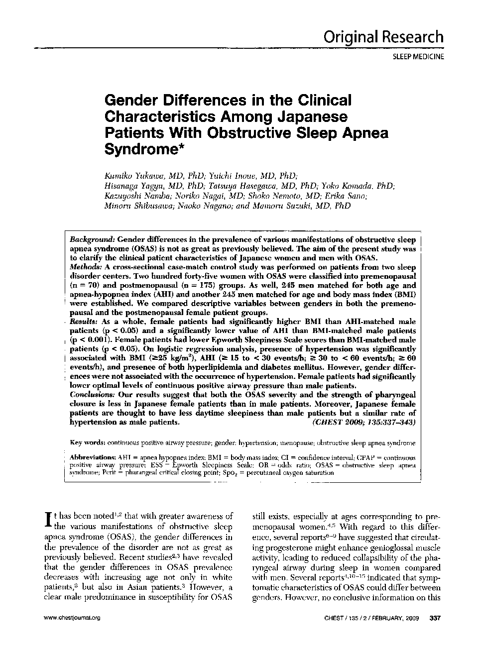 Gender Differences in the Clinical Characteristics Among Japanese Patients With Obstructive Sleep Apnea Syndrome 