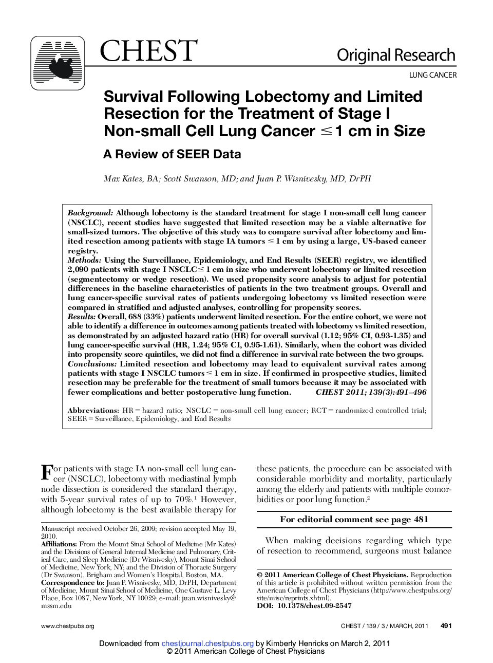 Survival Following Lobectomy and Limited Resection for the Treatment of Stage I Non-small Cell Lung Cancer ≤ 1 cm in Size : A Review of SEER Data