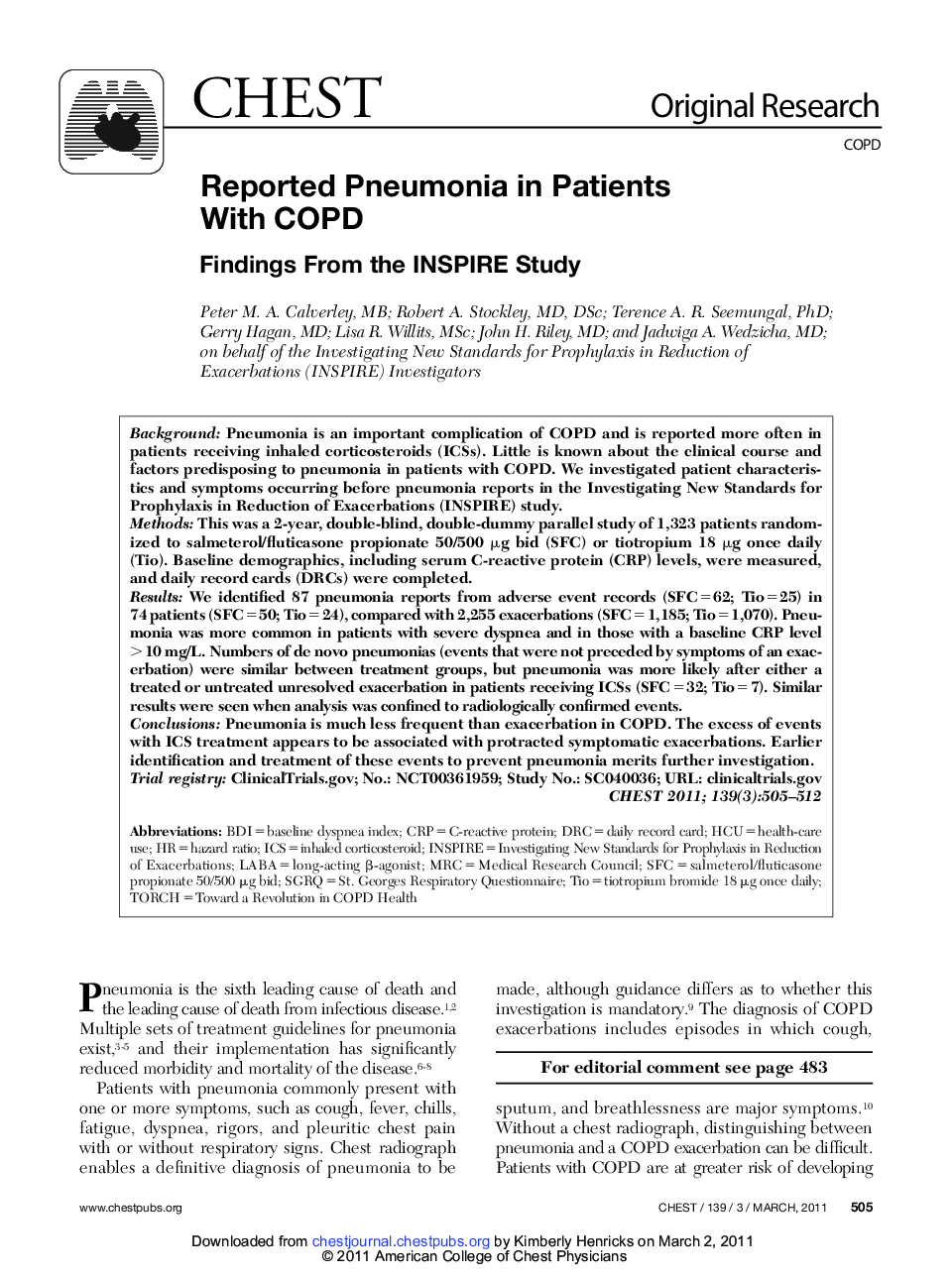 Reported Pneumonia in Patients With COPD : Findings From the INSPIRE Study