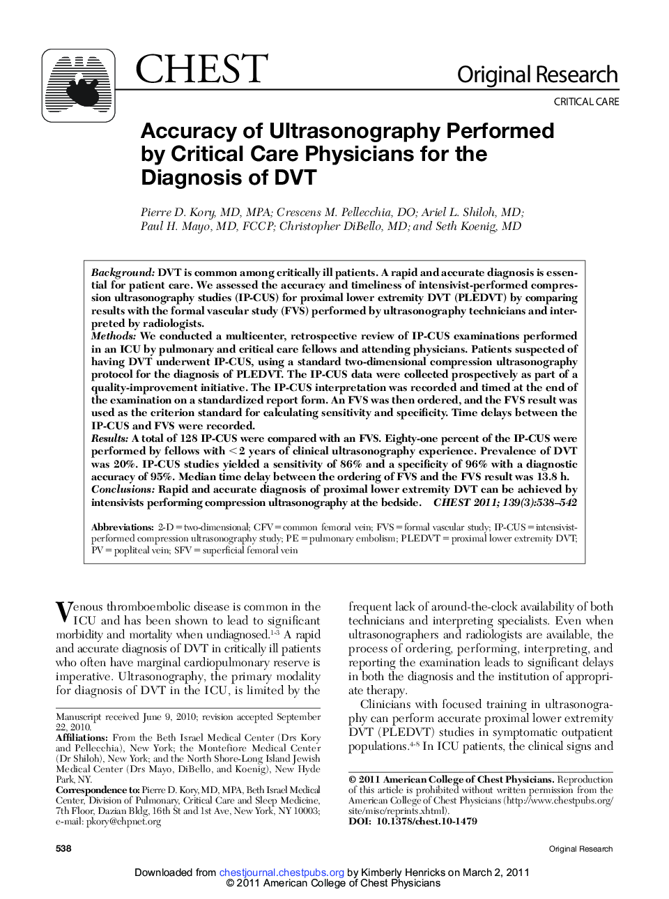 Accuracy of Ultrasonography Performed by Critical Care Physicians for the Diagnosis of DVT