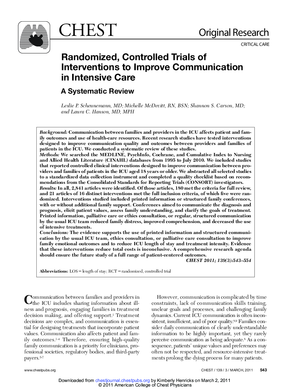 Randomized, Controlled Trials of Interventions to Improve Communication in Intensive Care : A Systematic Review