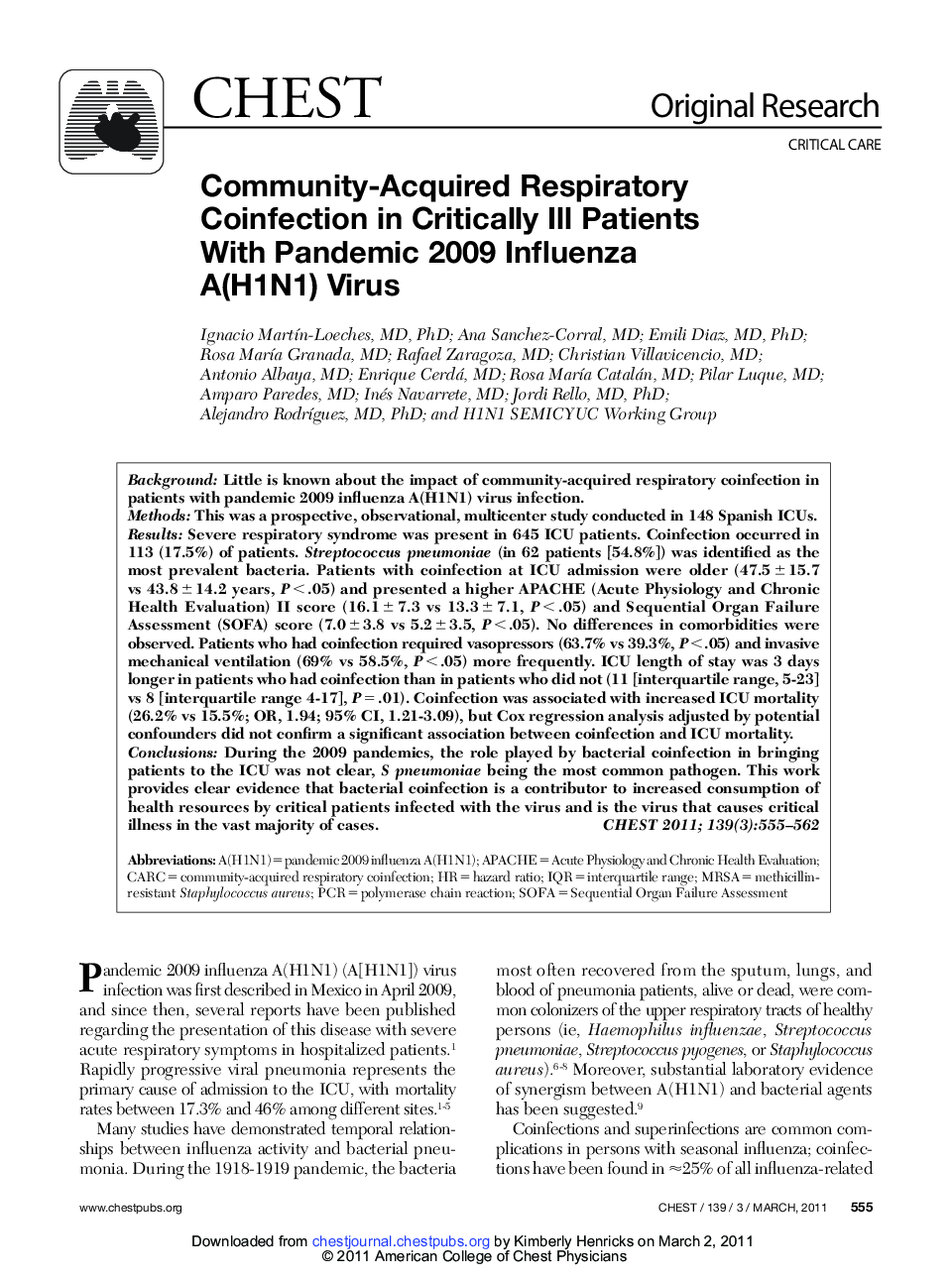 Community-Acquired Respiratory Coinfection in Critically Ill Patients With Pandemic 2009 Influenza A(H1N1) Virus