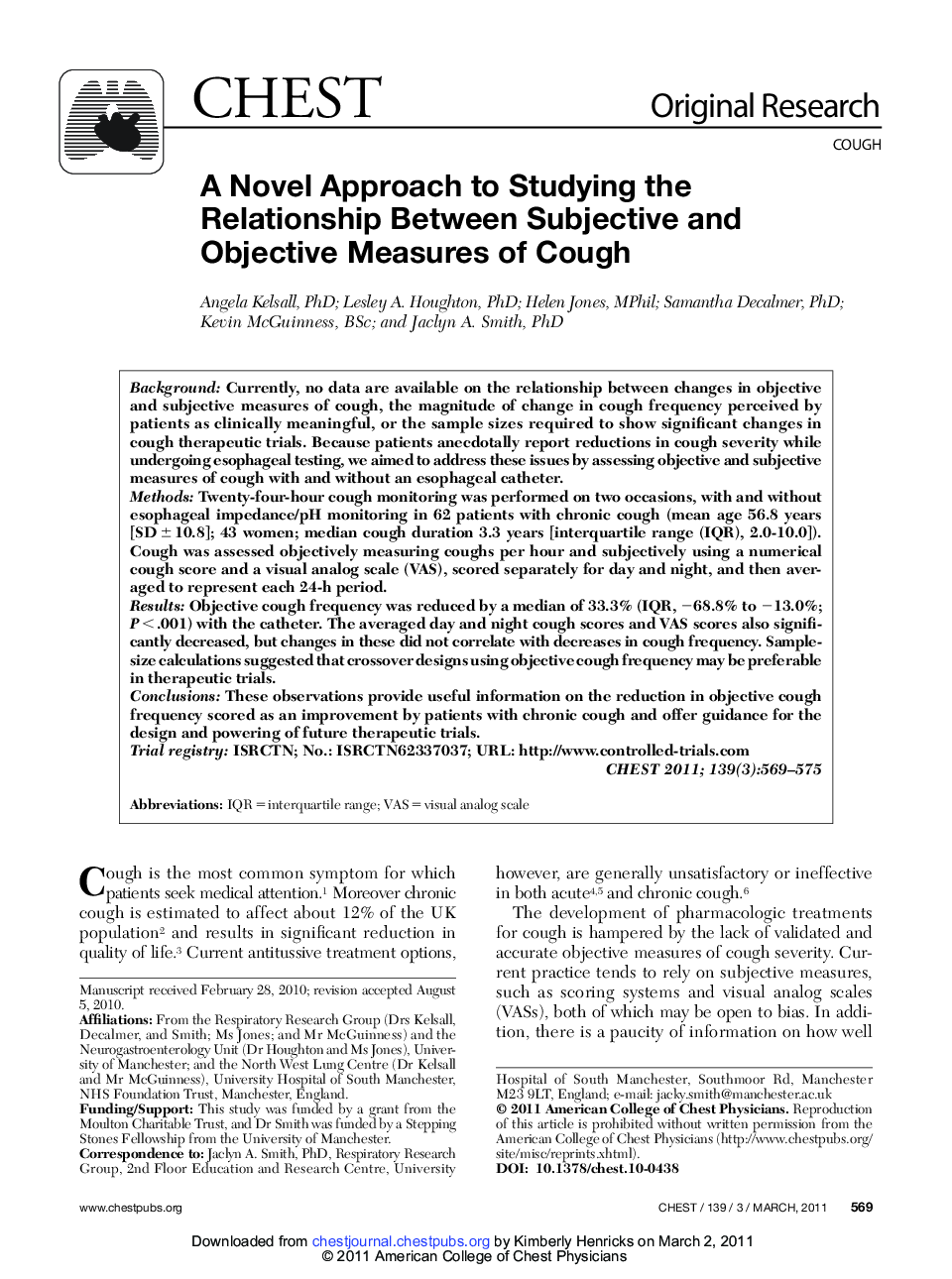 A Novel Approach to Studying the Relationship Between Subjective and Objective Measures of Cough 