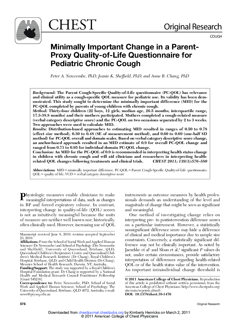 Minimally Important Change in a Parent-Proxy Quality-of-Life Questionnaire for Pediatric Chronic Cough
