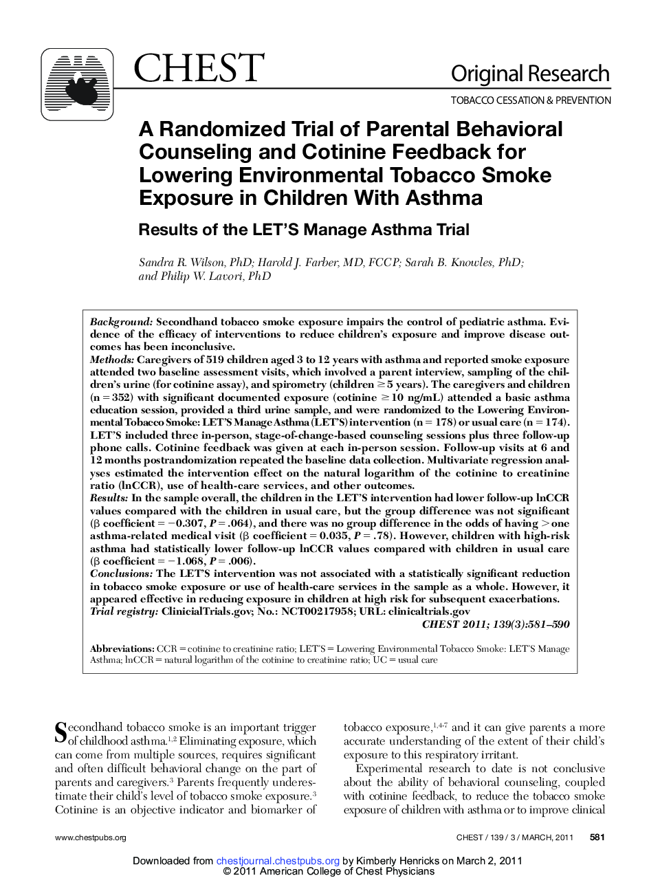 A Randomized Trial of Parental Behavioral Counseling and Cotinine Feedback for Lowering Environmental Tobacco Smoke Exposure in Children With Asthma