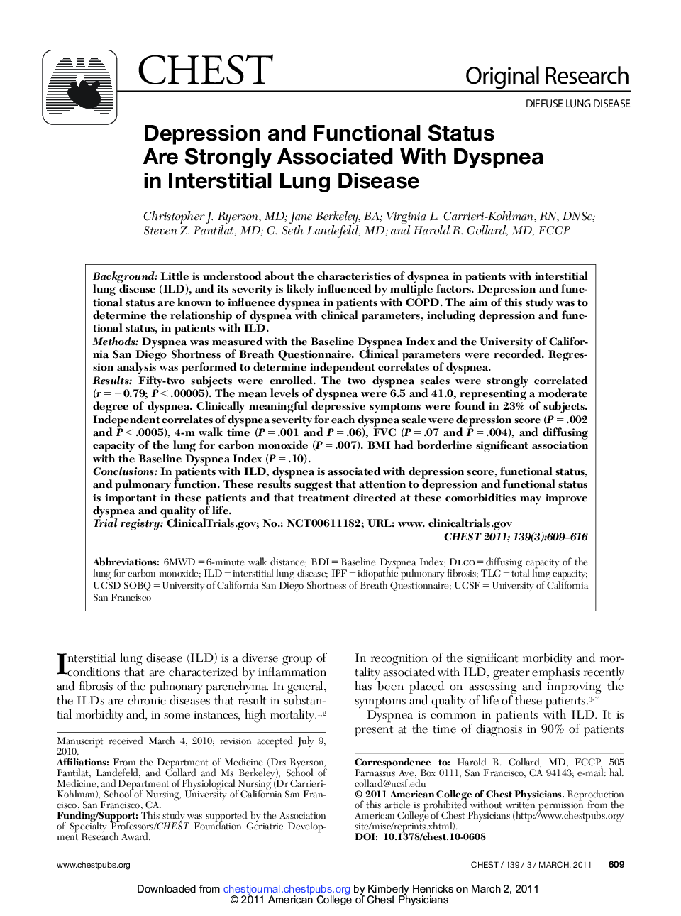 Depression and Functional Status Are Strongly Associated With Dyspnea in Interstitial Lung Disease 